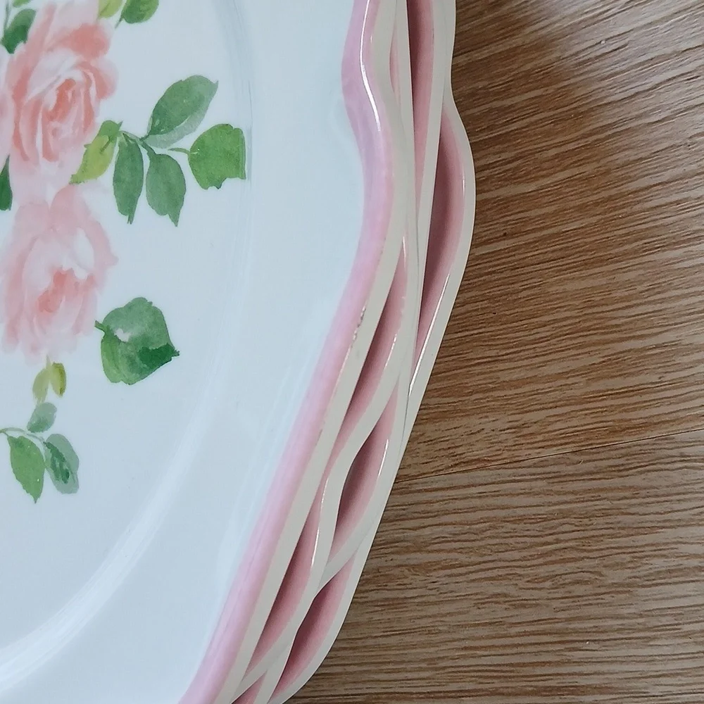 Set of 2 Laura Ashley Soft Pink Rose Melamine Salad Plate Scalloped Rim 9